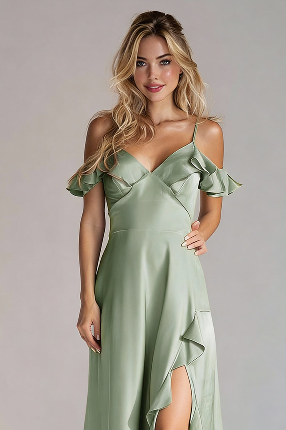 Light Green Spaghetti Straps Ruffled A Line Long Wedding Guest Dress with Slit