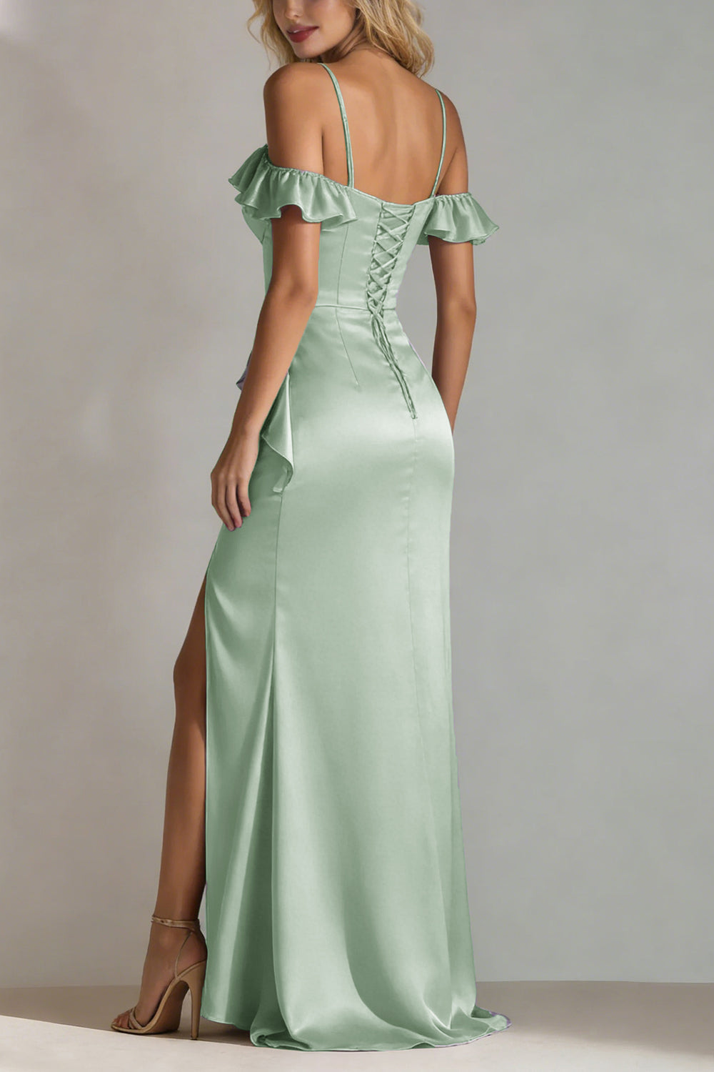 Light Green Cold Shoulder A Line Ruffled Satin Long Wedding Guest Dress with Slit