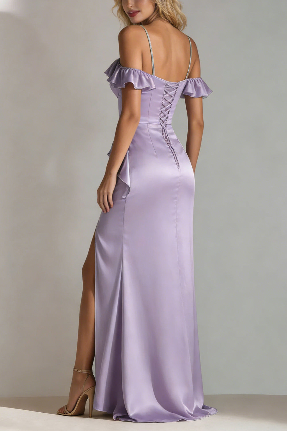 Light Green Cold Shoulder A Line Ruffled Satin Long Wedding Guest Dress with Slit