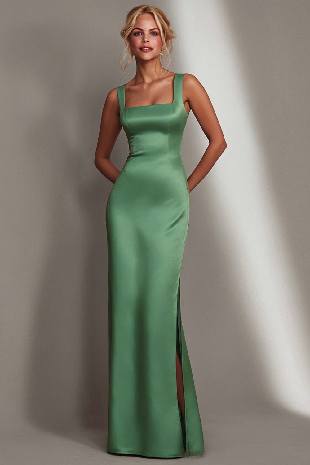 Green Mermaid Square Neck Long Wedding Guest Dress with Slit