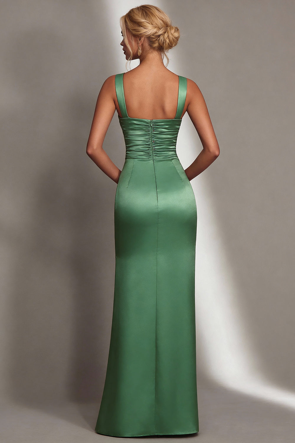 Green Mermaid Square Neck Long Wedding Guest Dress with Slit