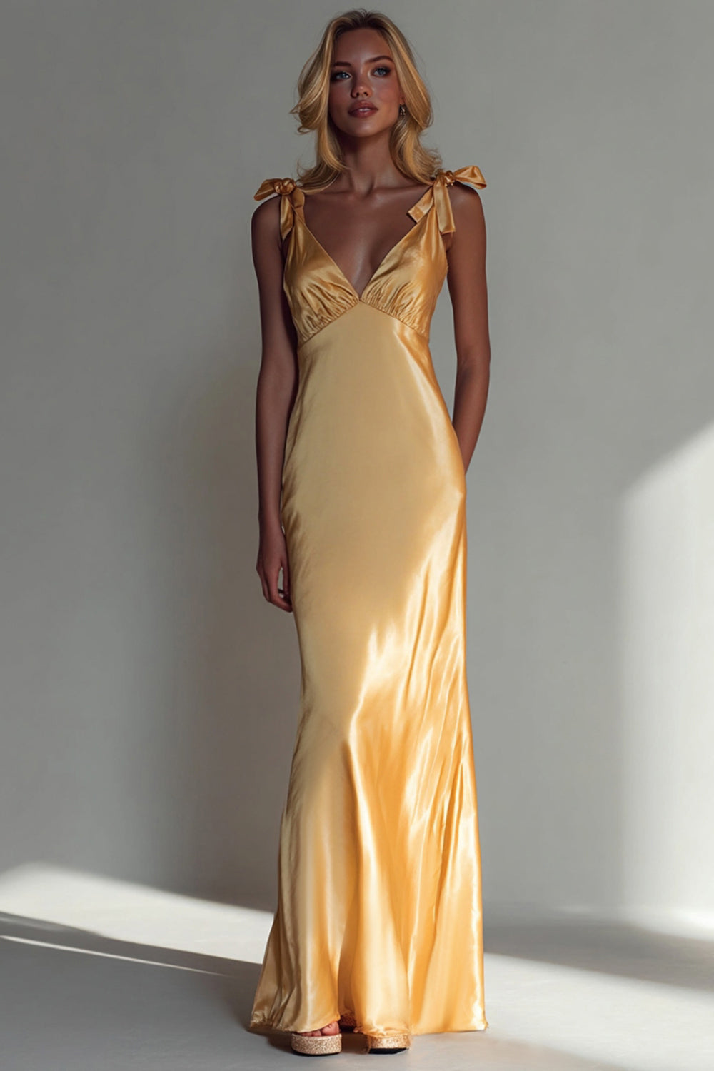 Yellow Satin V Neck Mermaid Long Wedding Guest Dress with Bows