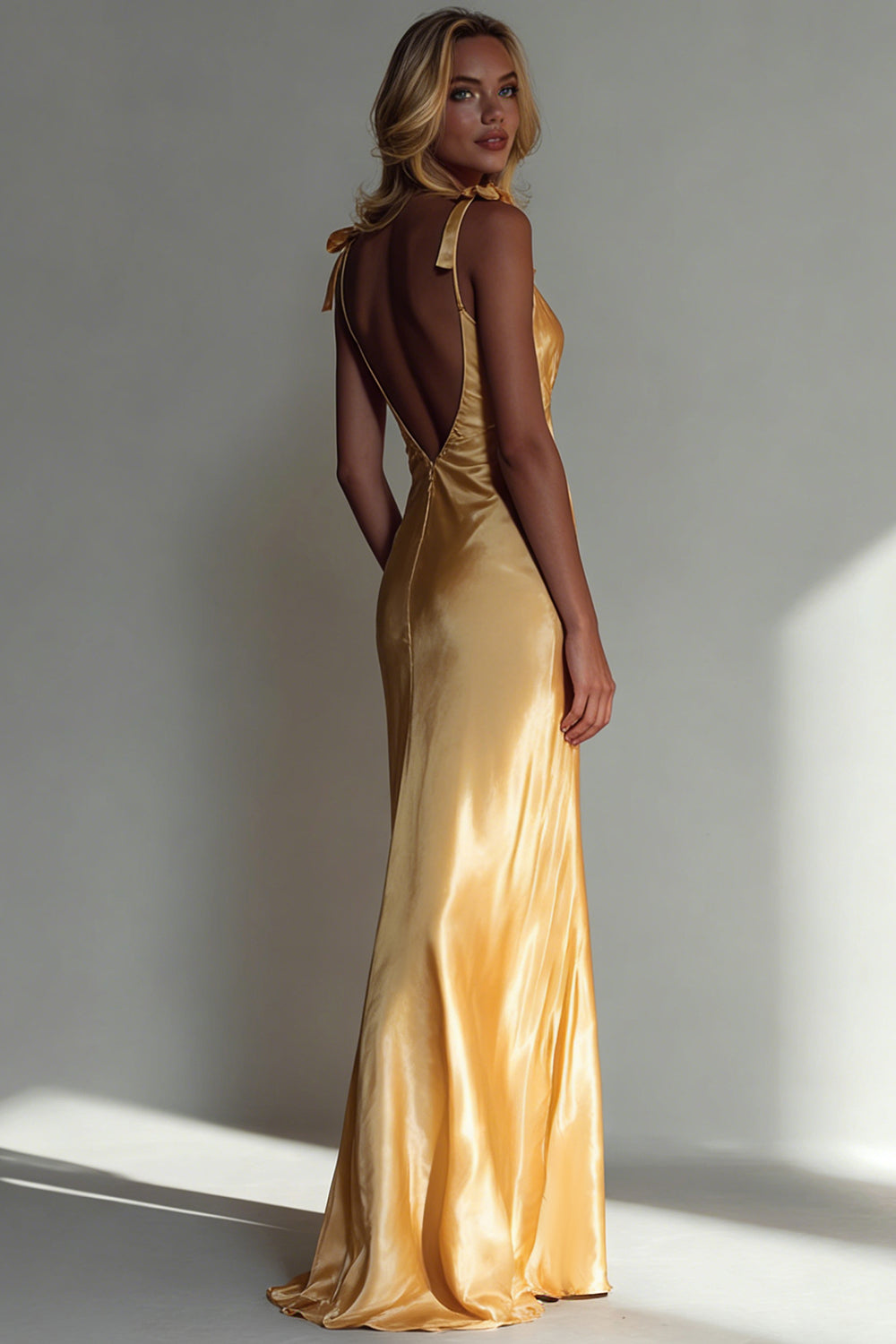 Yellow Satin V Neck Mermaid Long Wedding Guest Dress with Bows