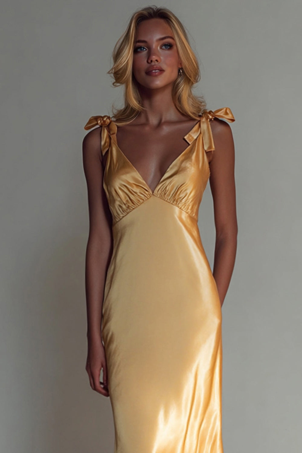 Yellow Satin V Neck Mermaid Long Wedding Guest Dress with Bows