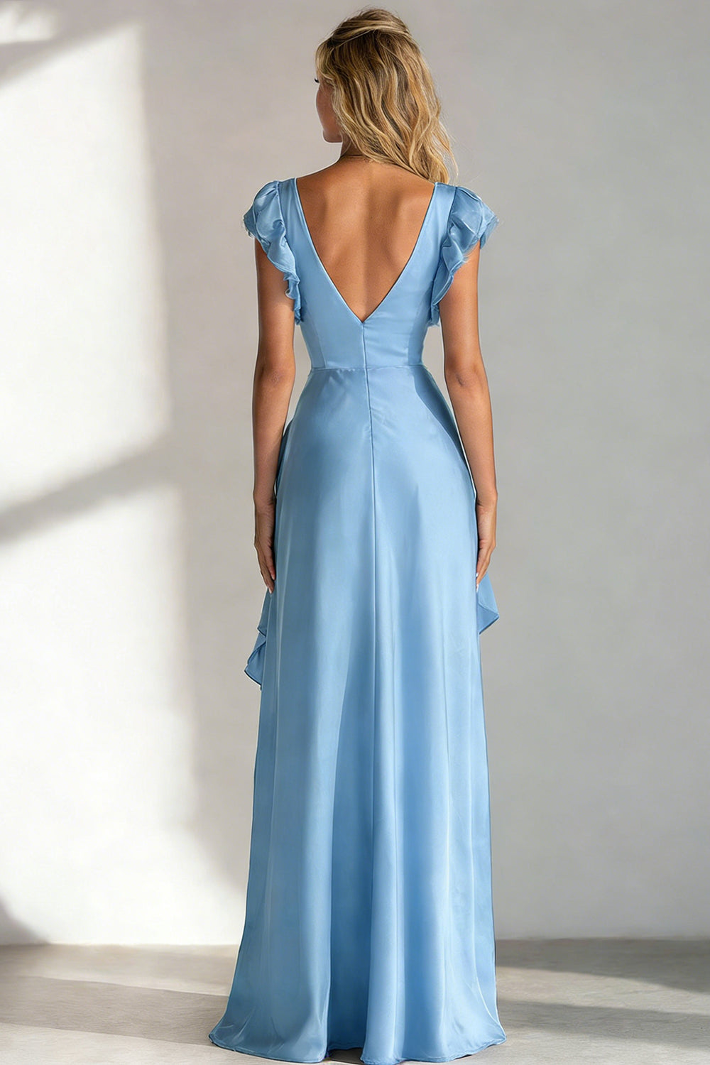 Light Blue A Line V Neck Ruffled Long Wedding Guest Dress with Slit