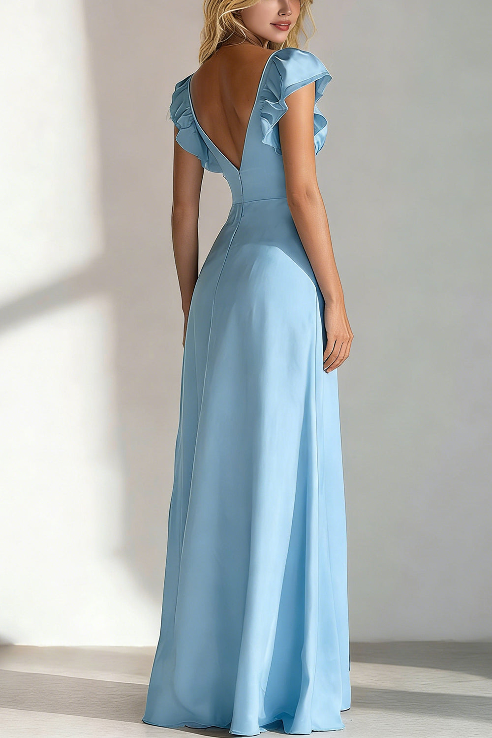 Light Blue A Line V Neck Ruffled Long Wedding Guest Dress with Slit