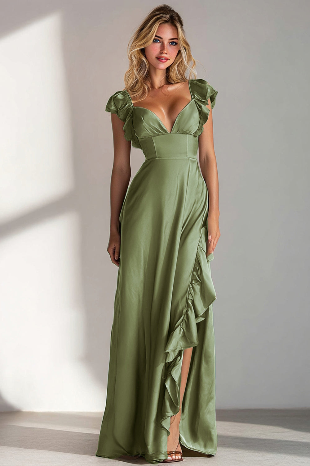 Light Blue A Line V Neck Ruffled Long Wedding Guest Dress with Slit