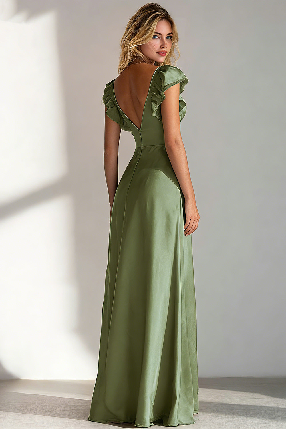 Light Blue A Line V Neck Ruffled Long Wedding Guest Dress with Slit