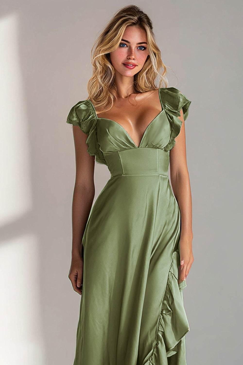 Light Blue A Line V Neck Ruffled Long Wedding Guest Dress with Slit