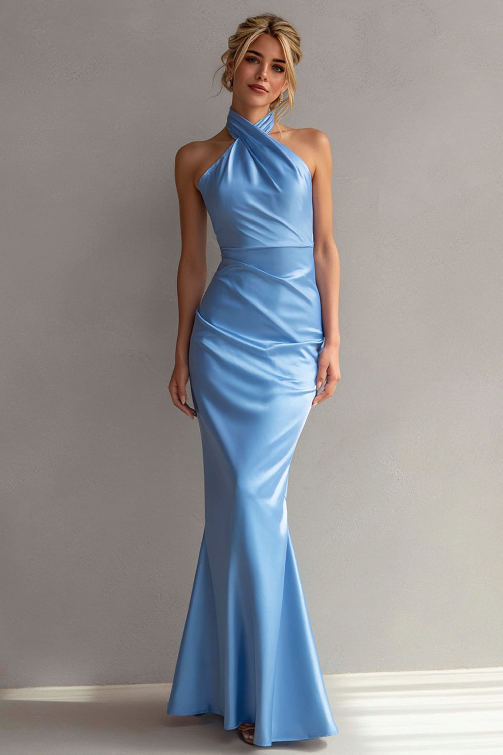 Light Blue Satin High Neck Mermaid Long Wedding Guest Dress