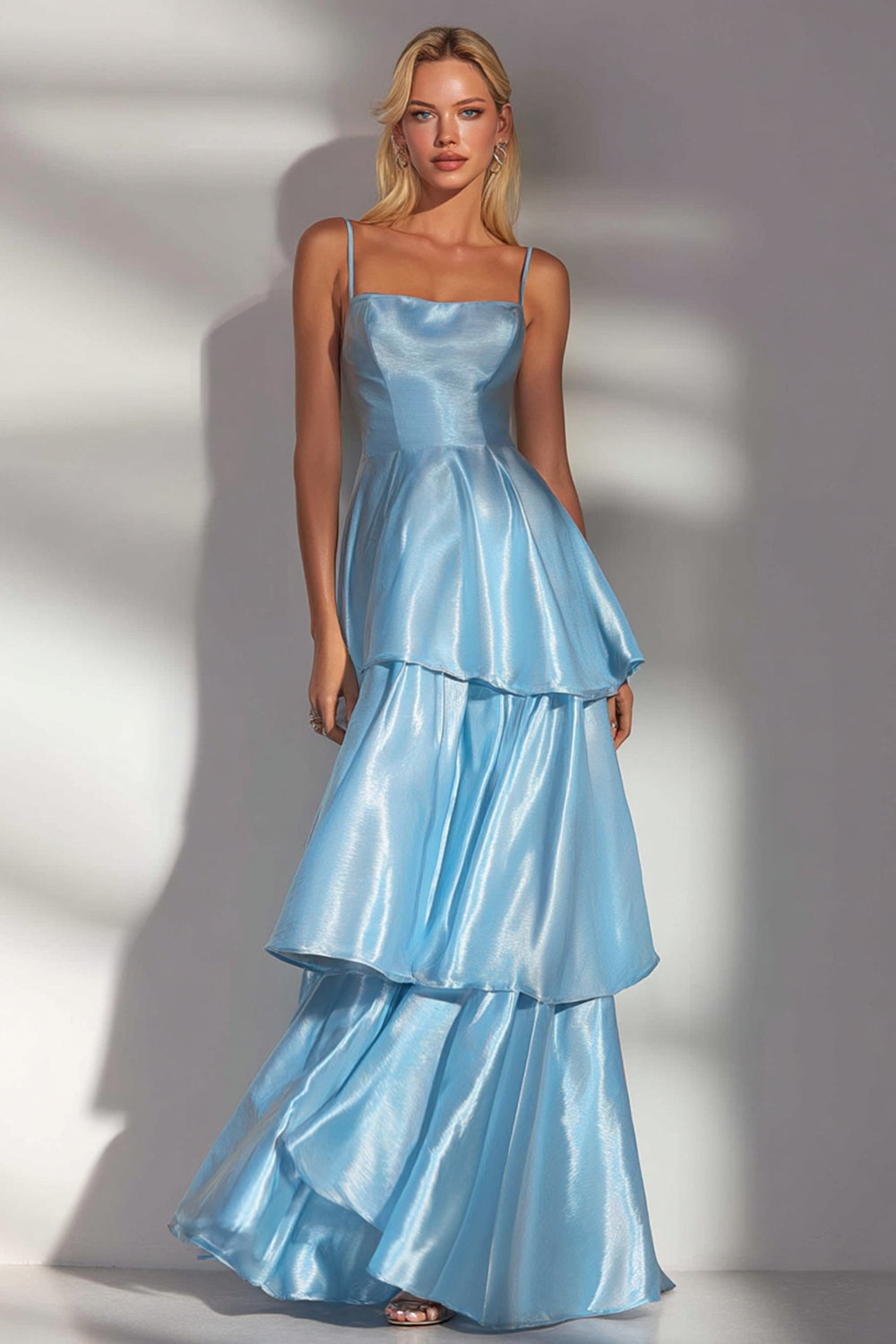 Light Blue Spaghetti Straps A Line Tiered Long Wedding Guest Dress with Ruffles