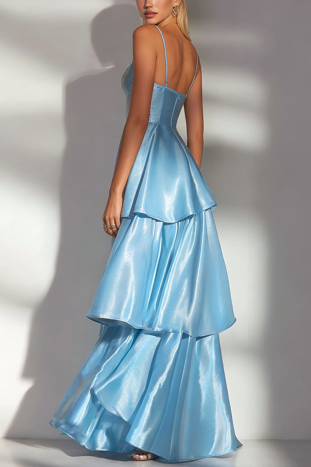 Light Blue Spaghetti Straps A Line Tiered Long Wedding Guest Dress with Ruffles