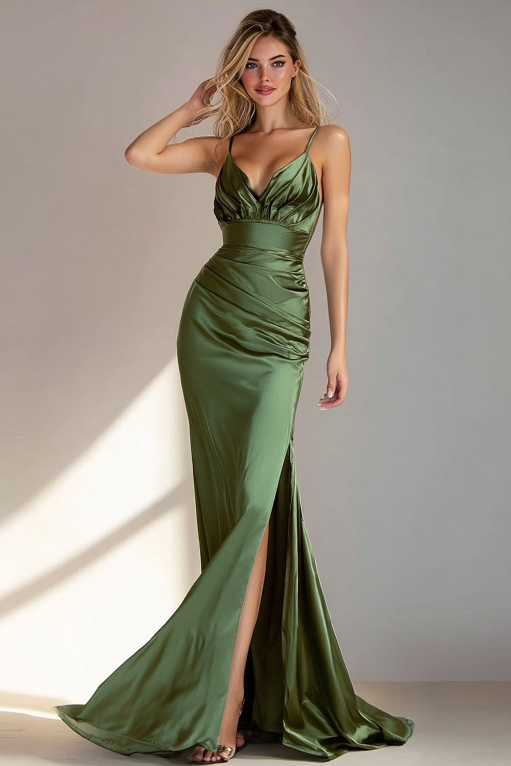 Emerald Green Mermaid Spaghetti Straps Long Wedding Guest Dress with Slit