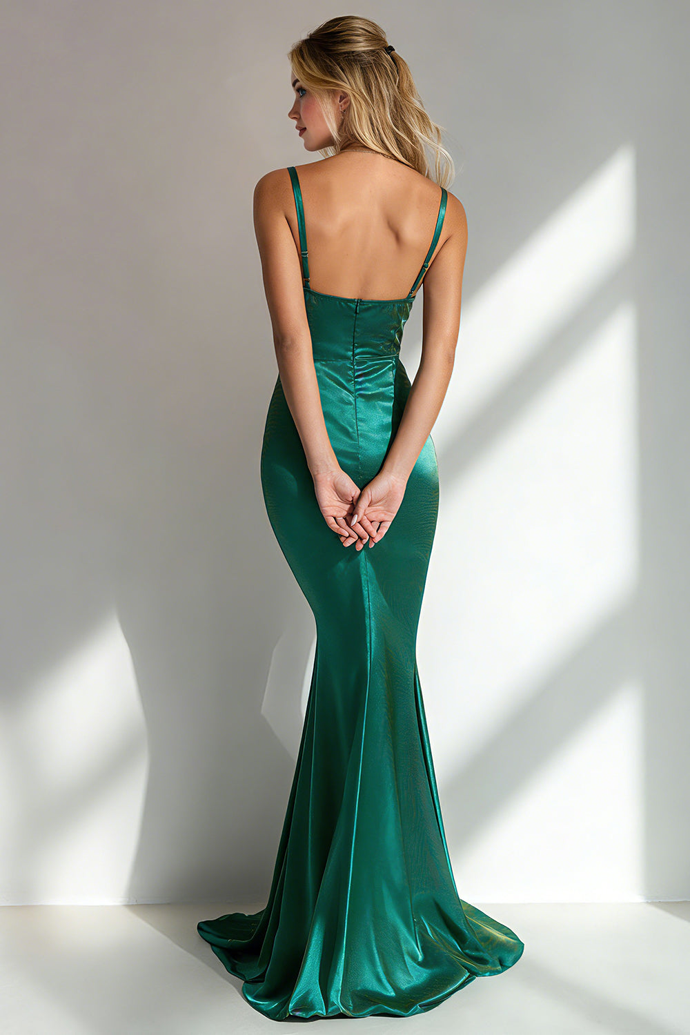 Peocock Green Satin Spaghetti Straps Mermaid Long Wedding Guest Dress