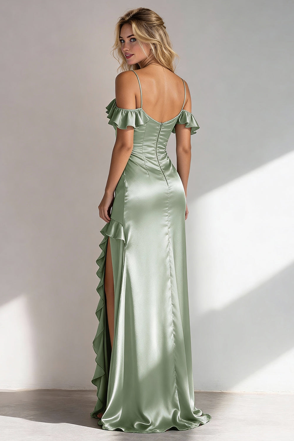 Light Green Satin Off the Shoulder A Line Ruffled Long Wedding Guest Dress with Slit
