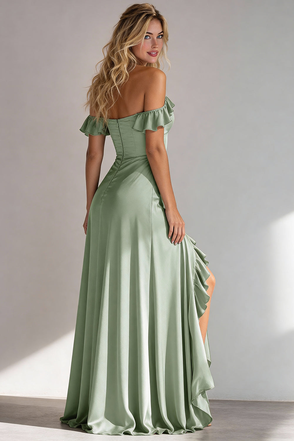 Light Green Satin Off the Shoulder A Line Ruffled Long Wedding Guest Dress with Slit