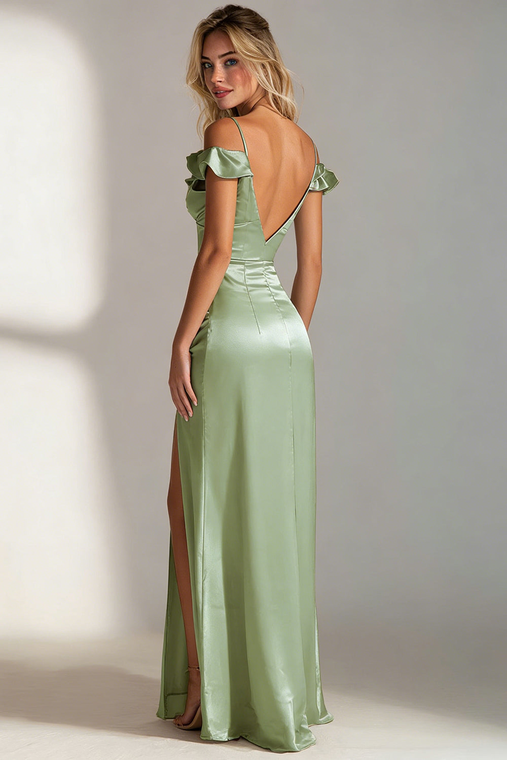 Sage Green Satin Cold Shoulder Mermaid Long Wedding Guest Dress with Ruffles