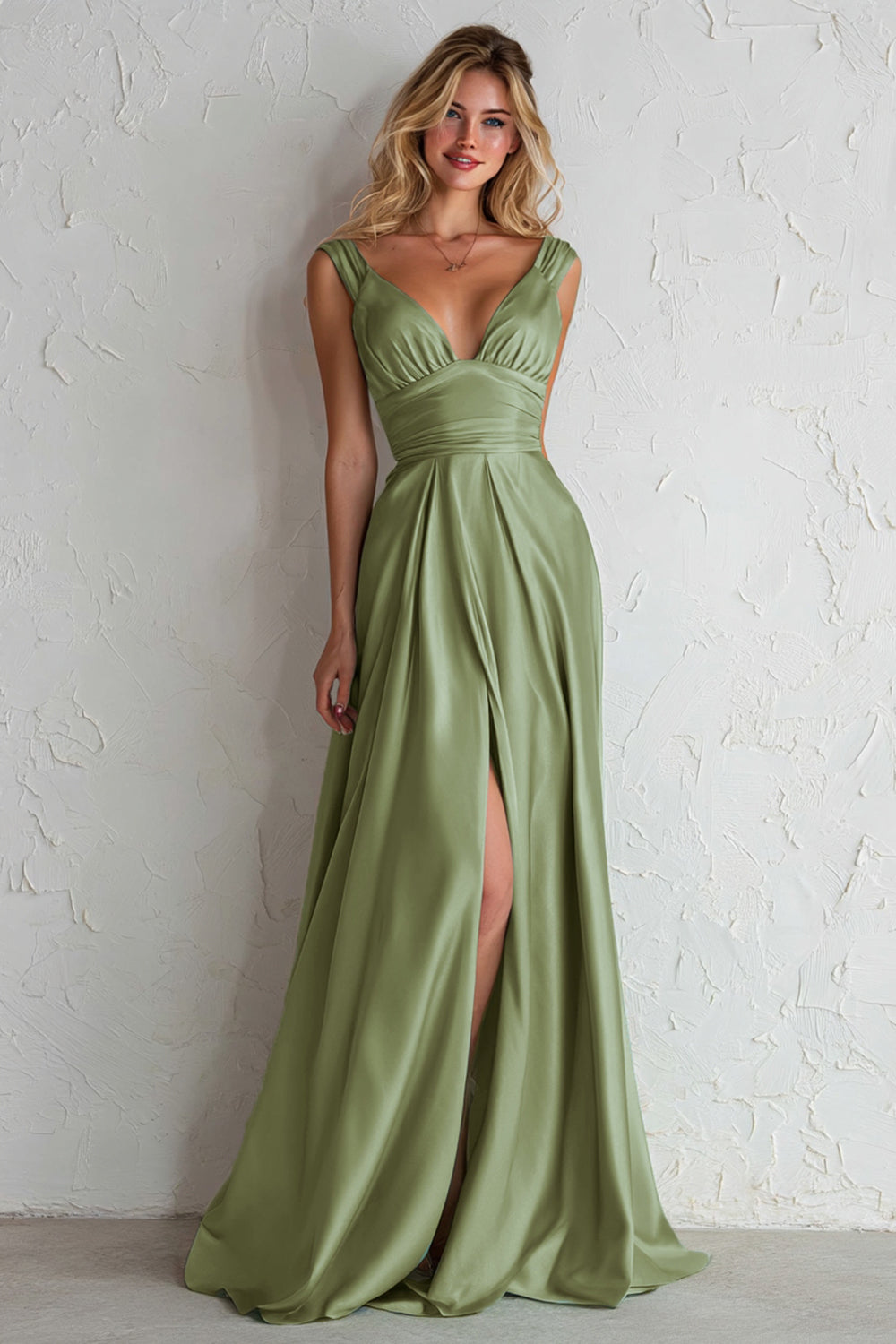 Sage Green Satin A Line V Neck Long Wedding Guest Dress with Slit