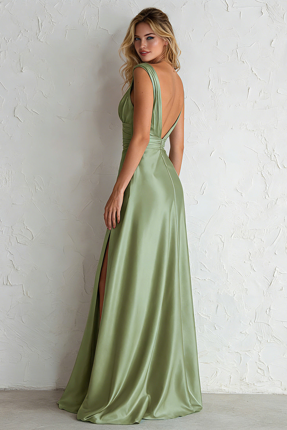 Sage Green Satin A Line V Neck Long Wedding Guest Dress with Slit