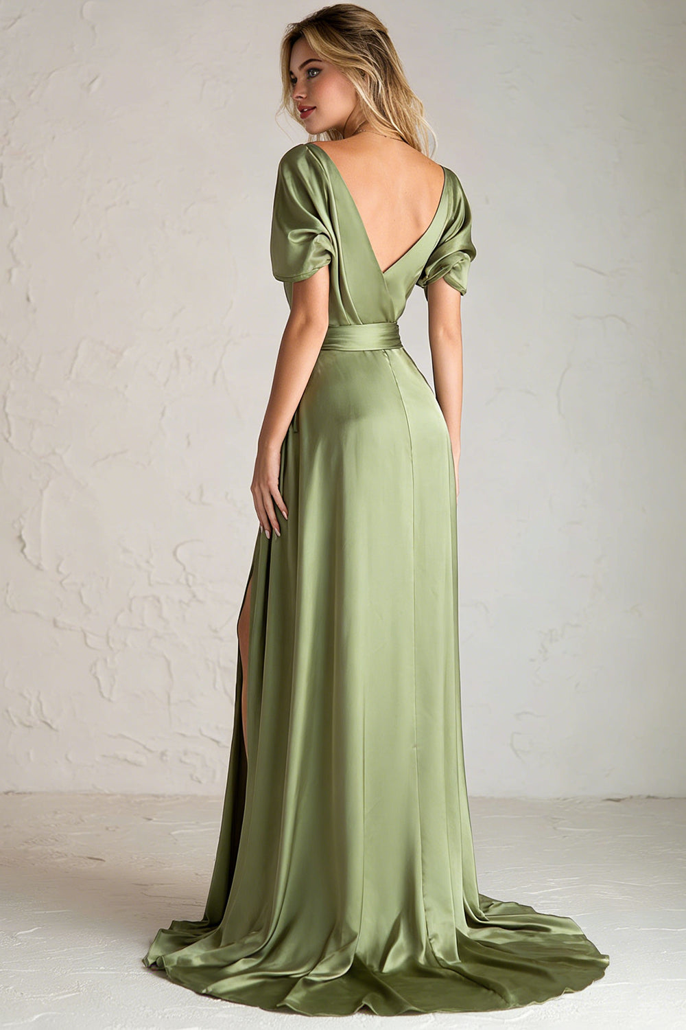 Sage Green Satin A Line V Neck Long Wedding Guest Dress with Slit