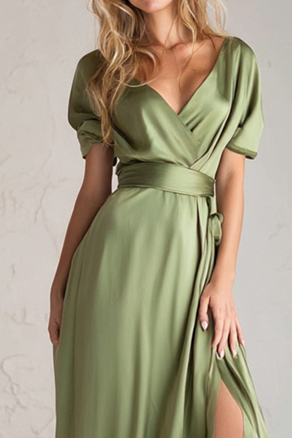 Sage Green Satin A Line V Neck Long Wedding Guest Dress with Slit