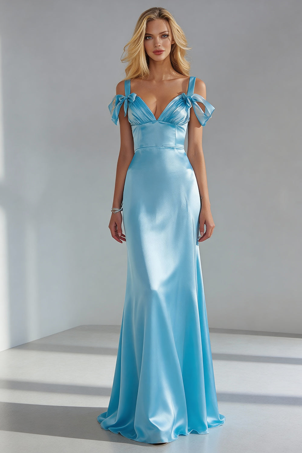 Sky Blue Sheath Cold Shoulder Long Wedding Guest Dress with Bow