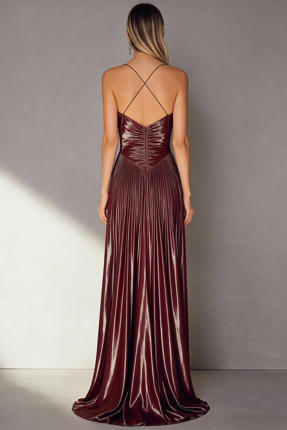 Coffee Spaghetti Straps Pleated Long Wedding Guest Dress