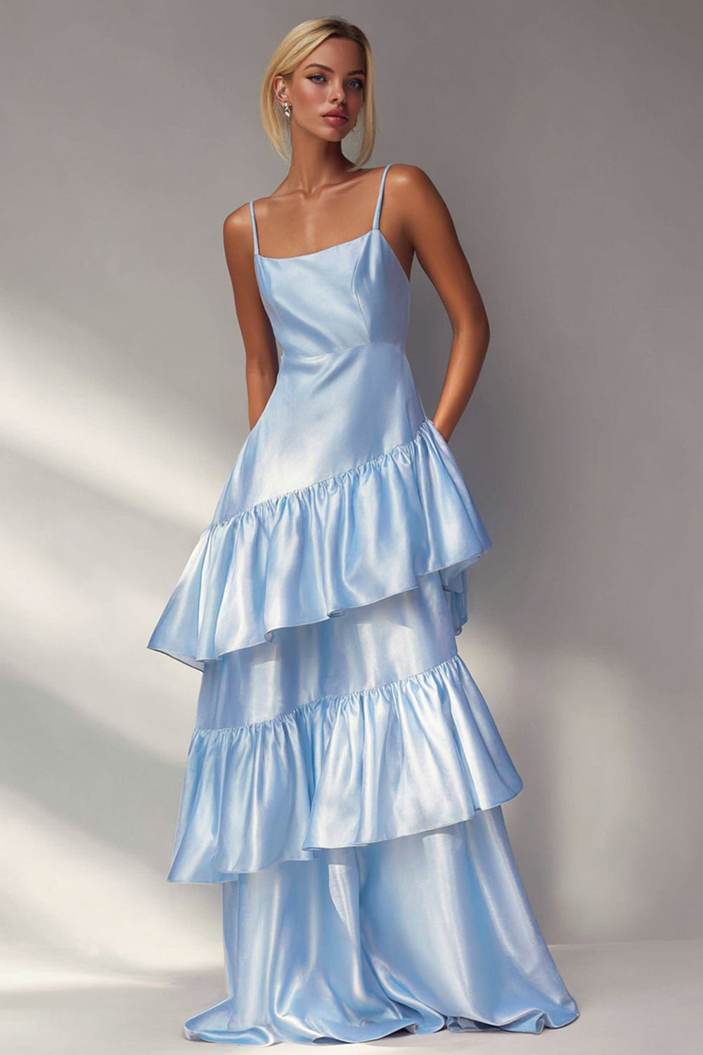 Light Blue Spaghetti Straps A Line Tiered  LongWedding Guest Dress