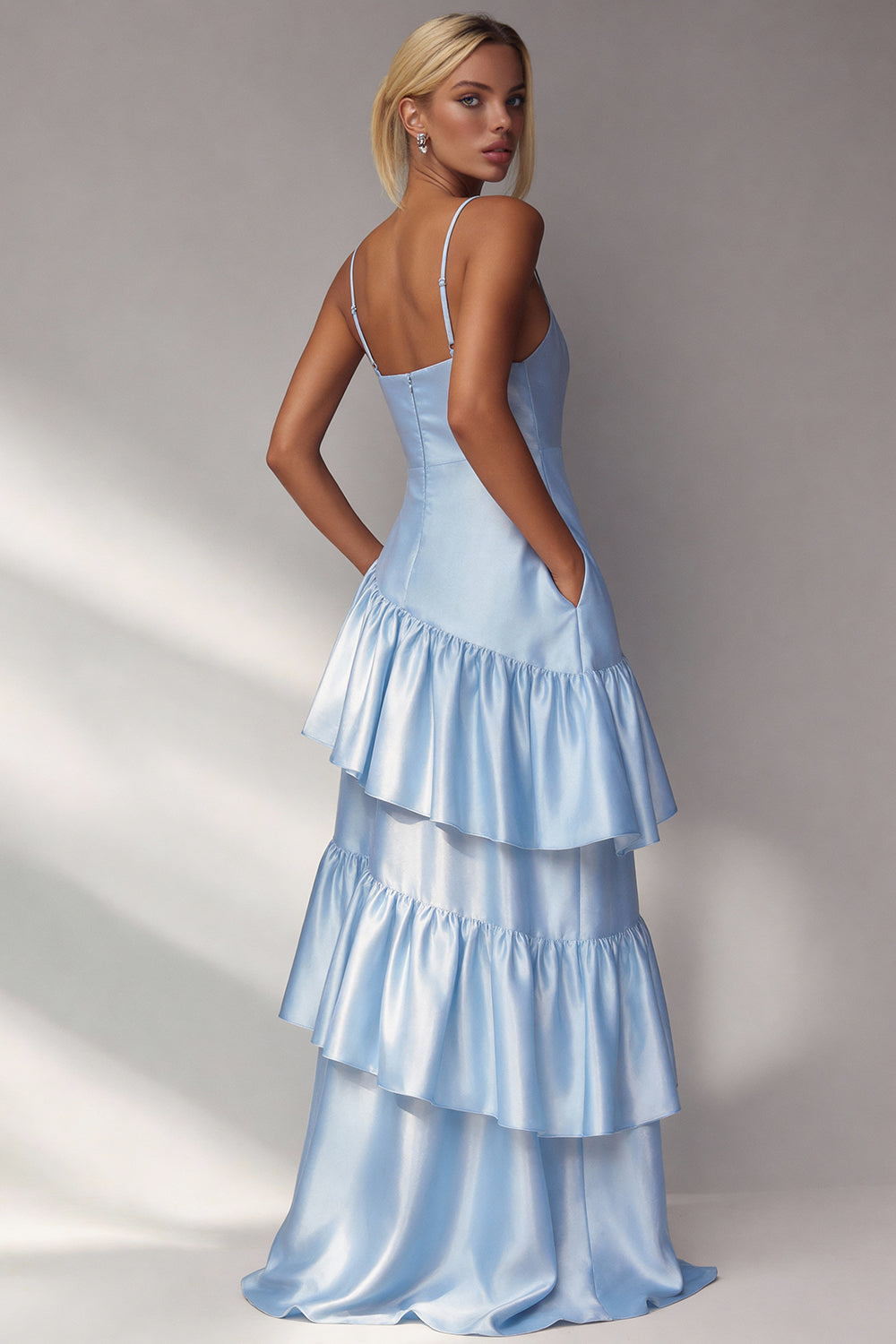 Light Blue Spaghetti Straps A Line Tiered  LongWedding Guest Dress