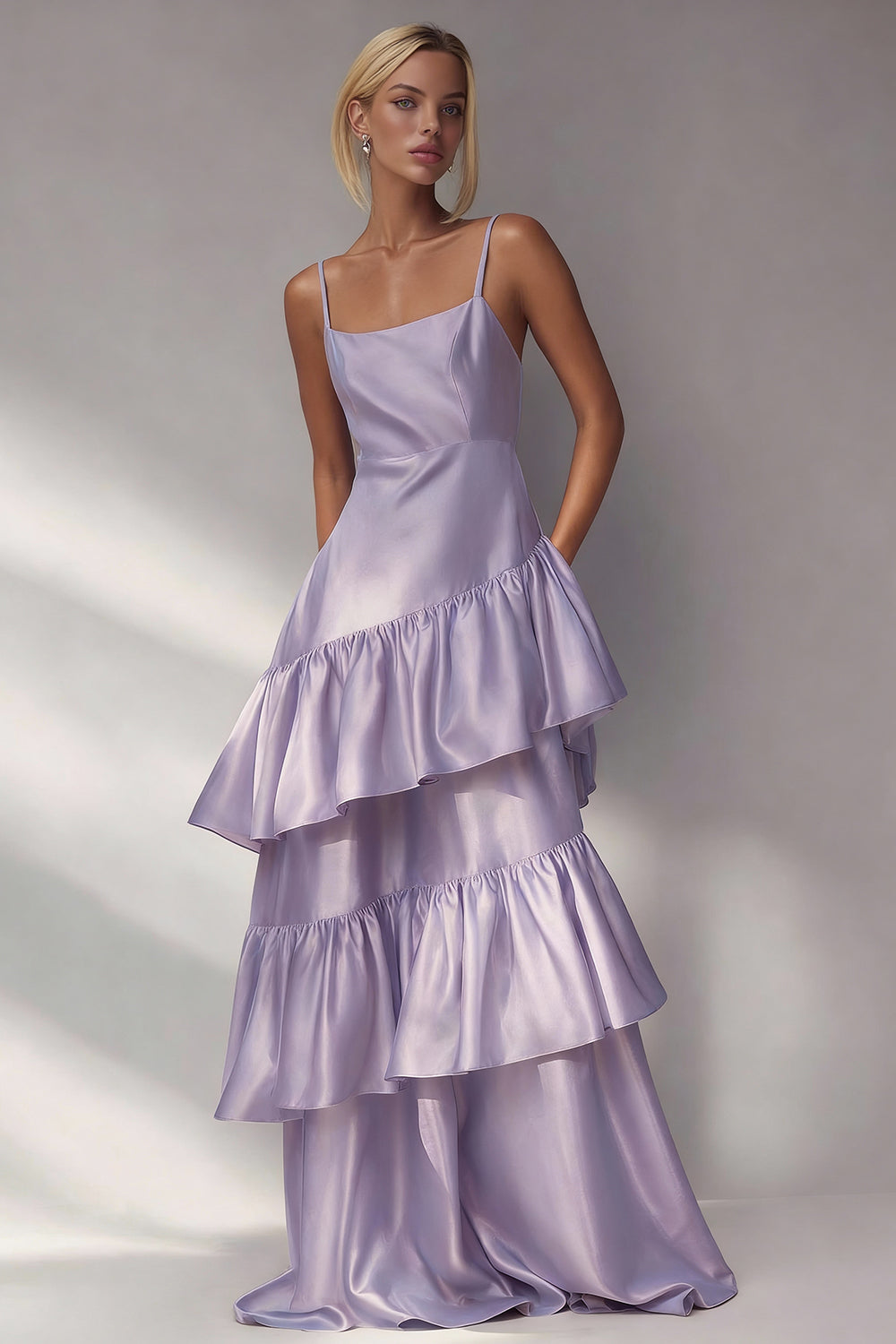 Light Blue Spaghetti Straps A Line Tiered  LongWedding Guest Dress