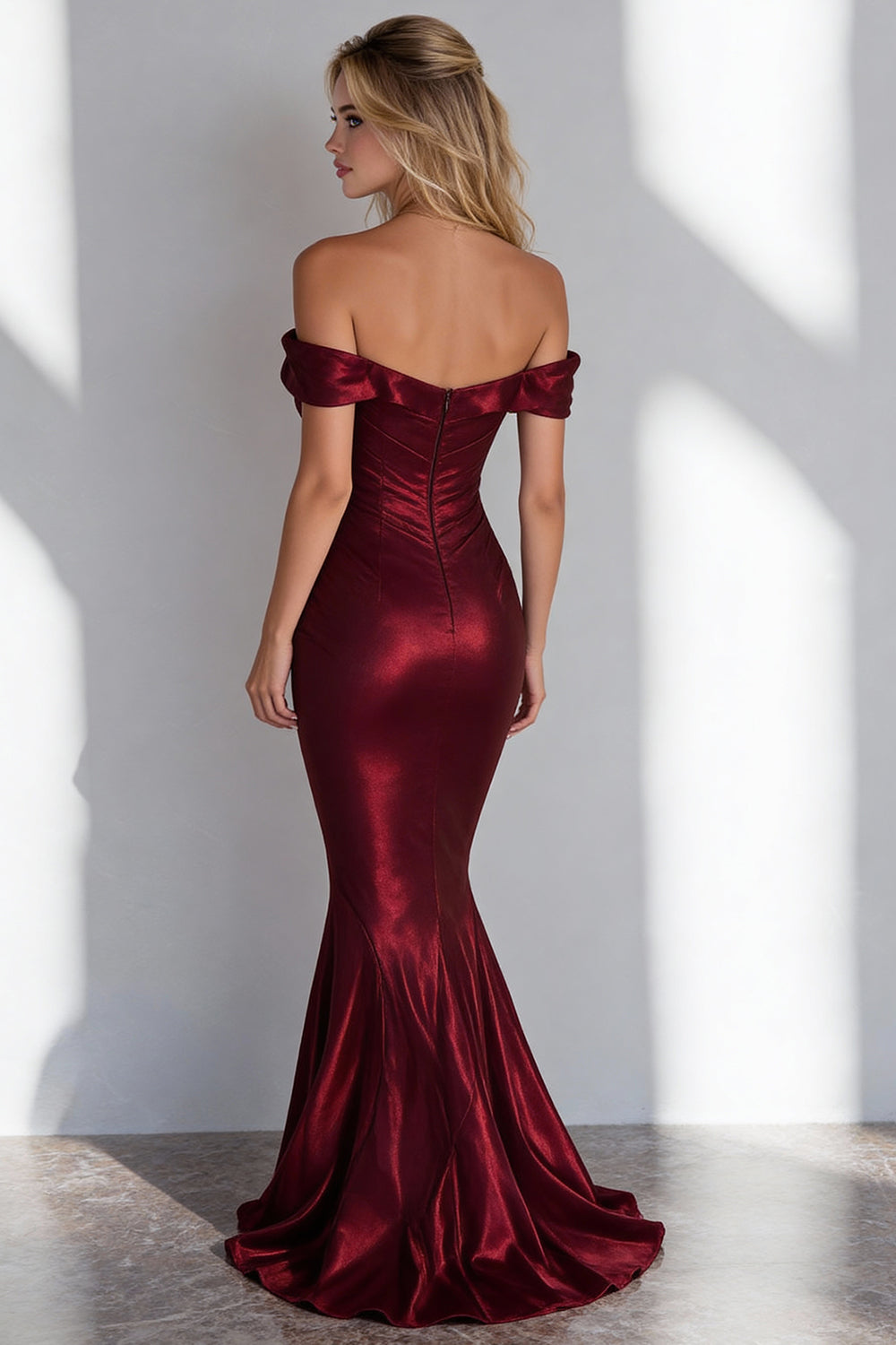 Burgundy Off the Shoulder Mermaid Satin Long Wedding Guest Dress