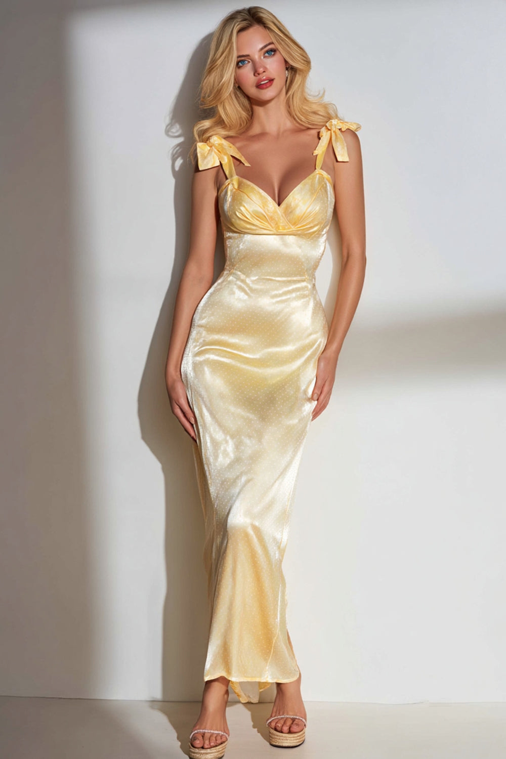 Yellow Thick Straps Long Mermaid Wedding Guest Dress with Bows