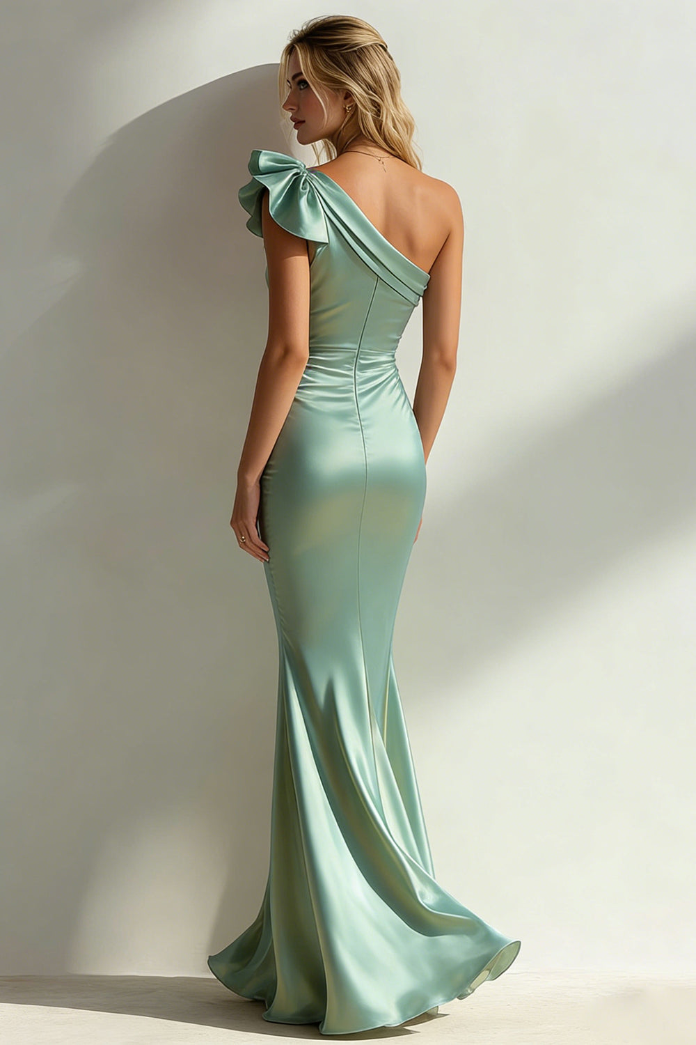 Sage Green One Shoulder Ruffled Mermaid Long Wedding Guest Dress
