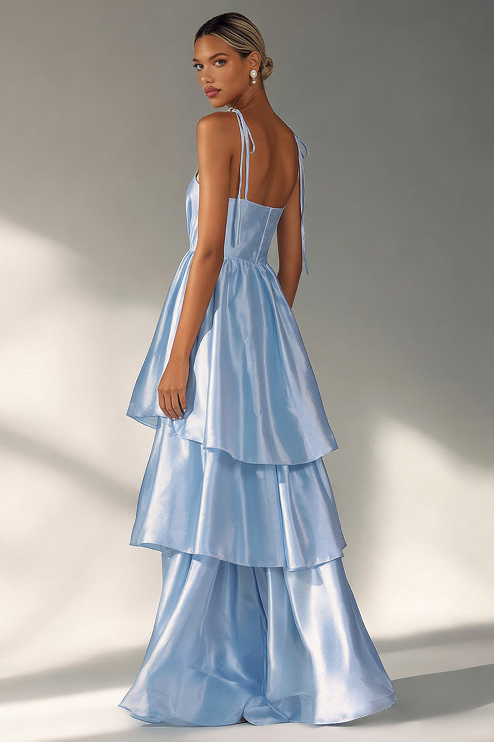 Ruffled Light Blue Tiered A Line Long Wedding Guest Dress