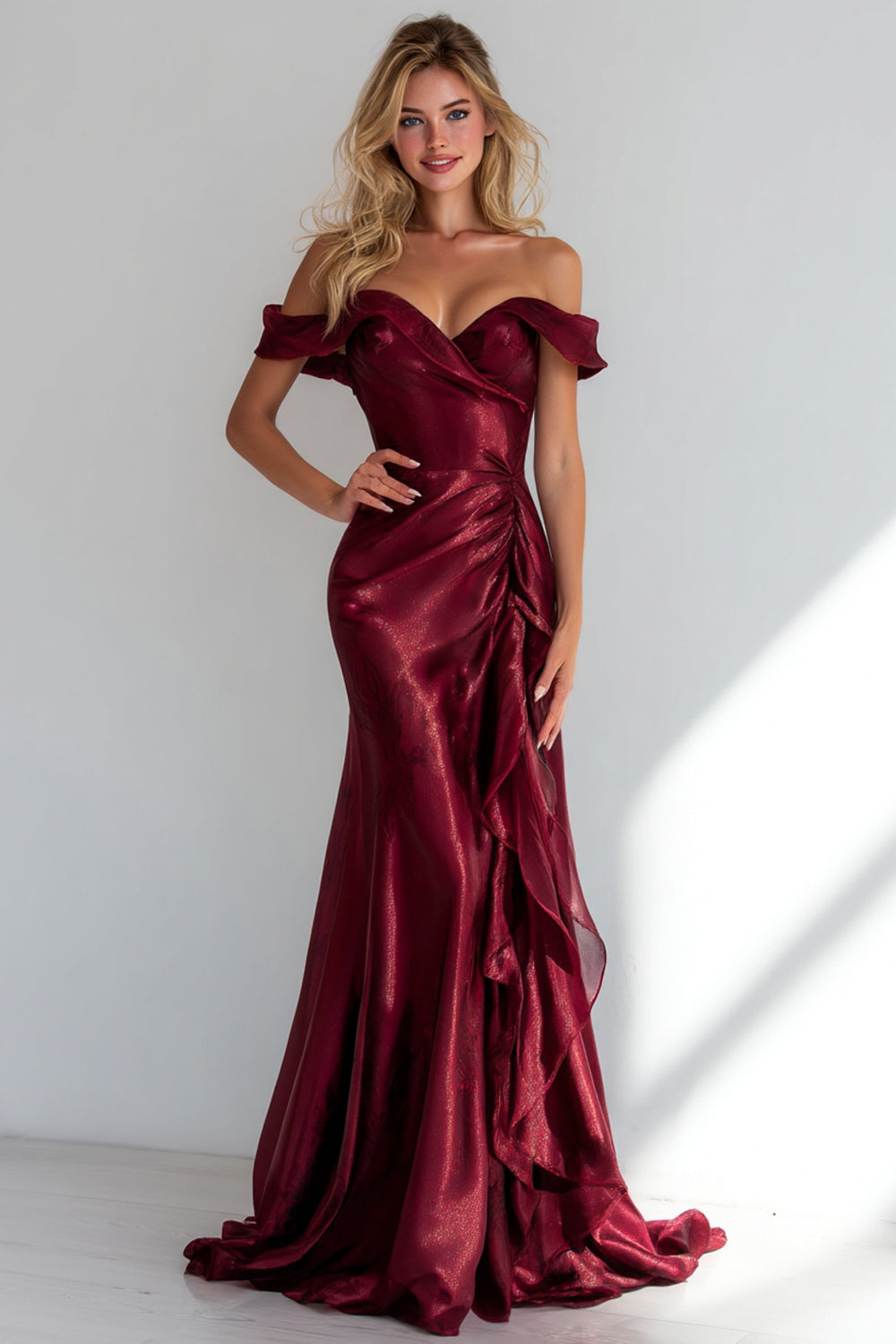 Burgundy Off the Shoulder Mermaid Long Wedding Guest Dress with Ruffles