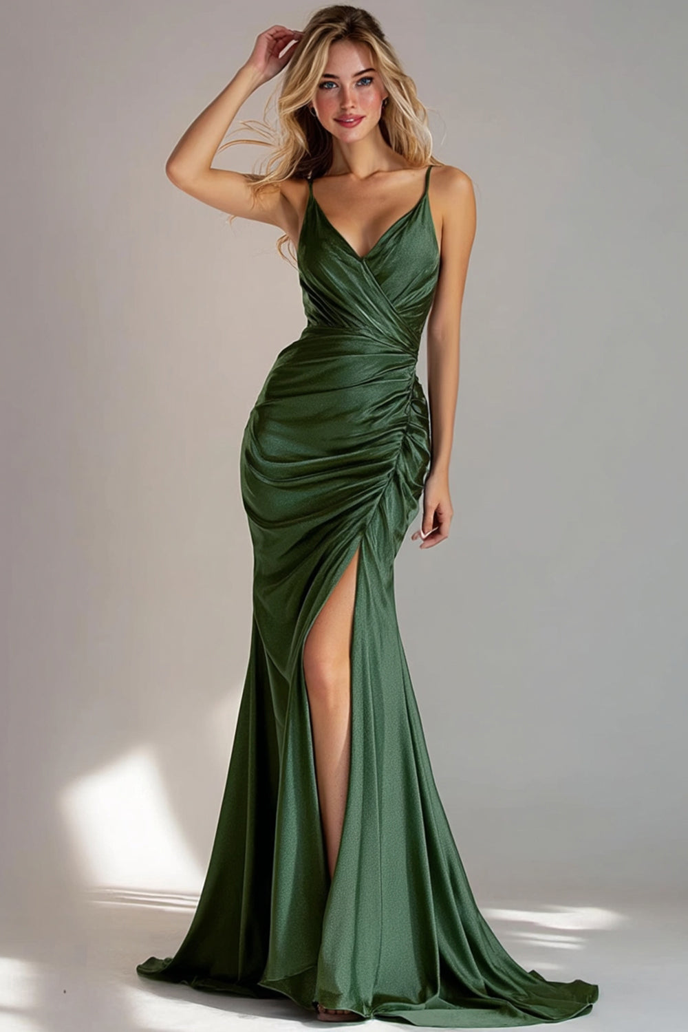 Dark Green Ruched Mermaid Long Wedding Guest Dress with Slit