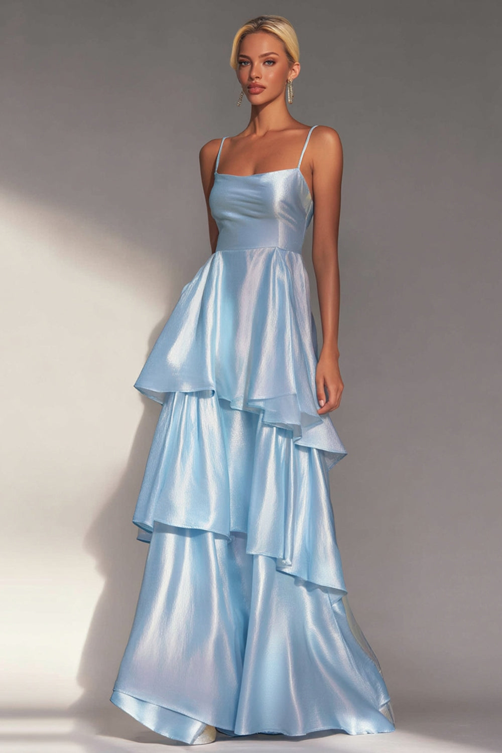 Light Blue Tiered Spaghetti Straps A Line Long Wedding Guest Dress