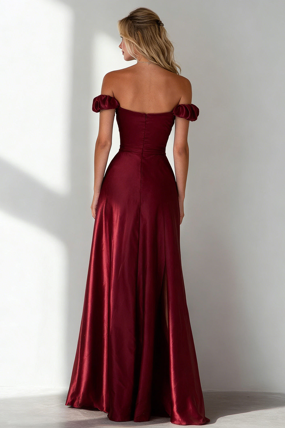 Burgundy Off the Shoulder A Line Long Wedding Guest Dress with Slit