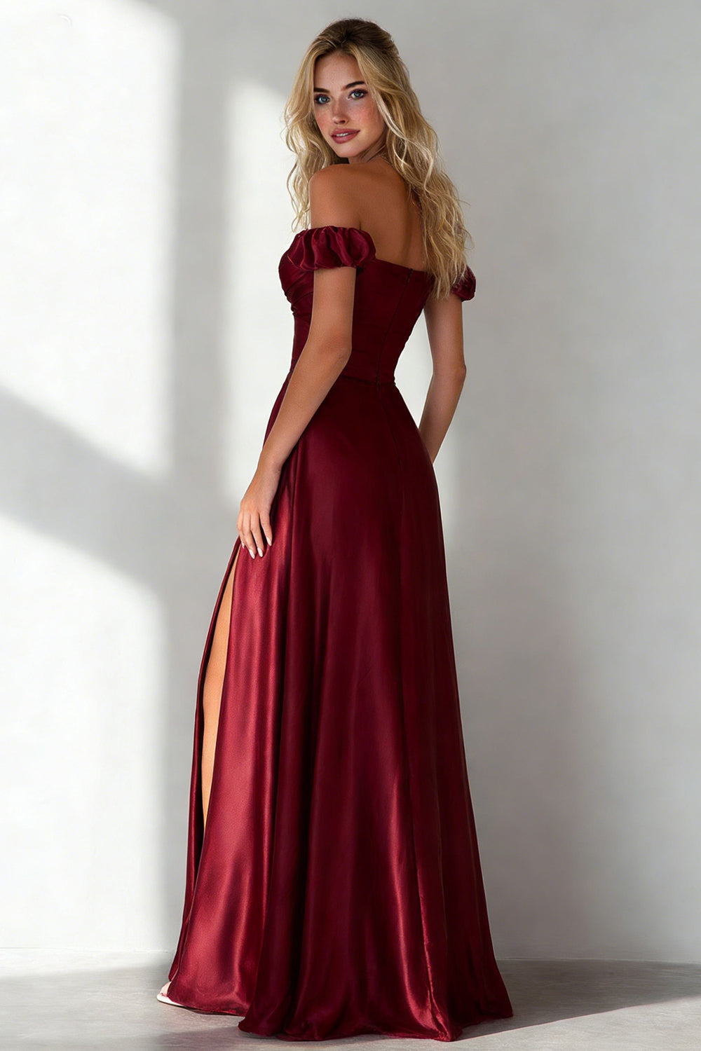 Burgundy Off the Shoulder A Line Long Wedding Guest Dress with Slit