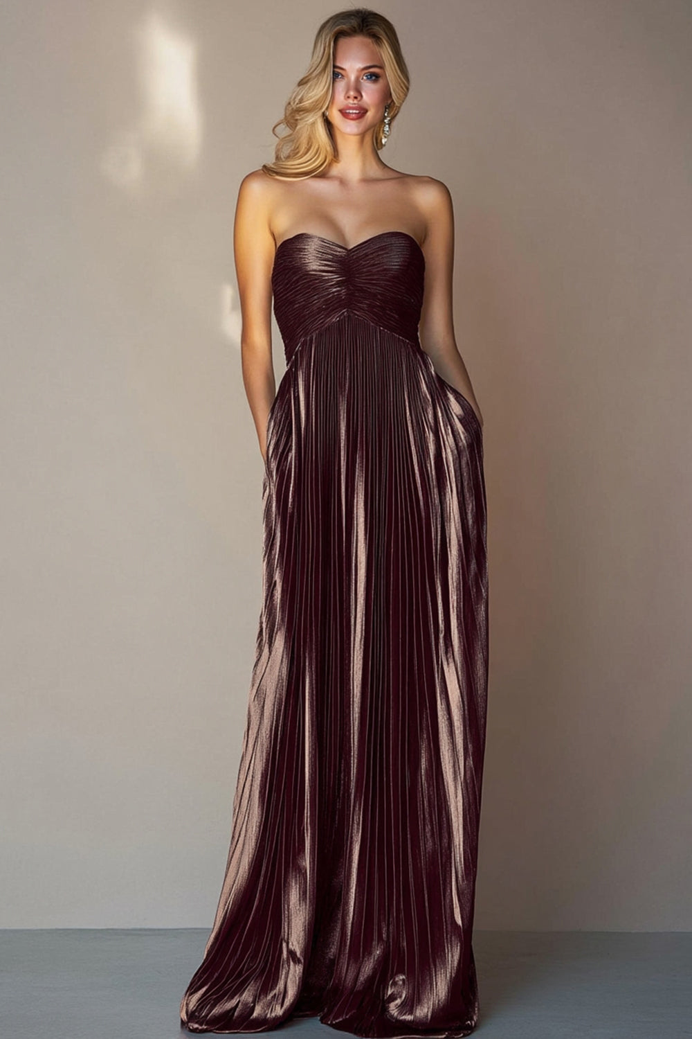 Coffee Metallic Pleated Strapless A Line Long Wedding Guest Dress