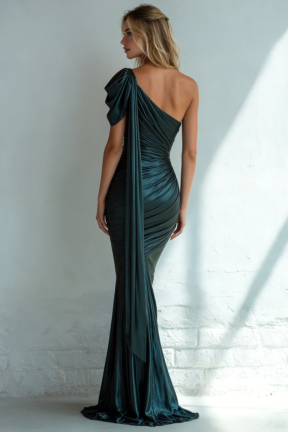 Dark Green One Shoulder Mermaid Long Wedding Guest Dress with Side Cape
