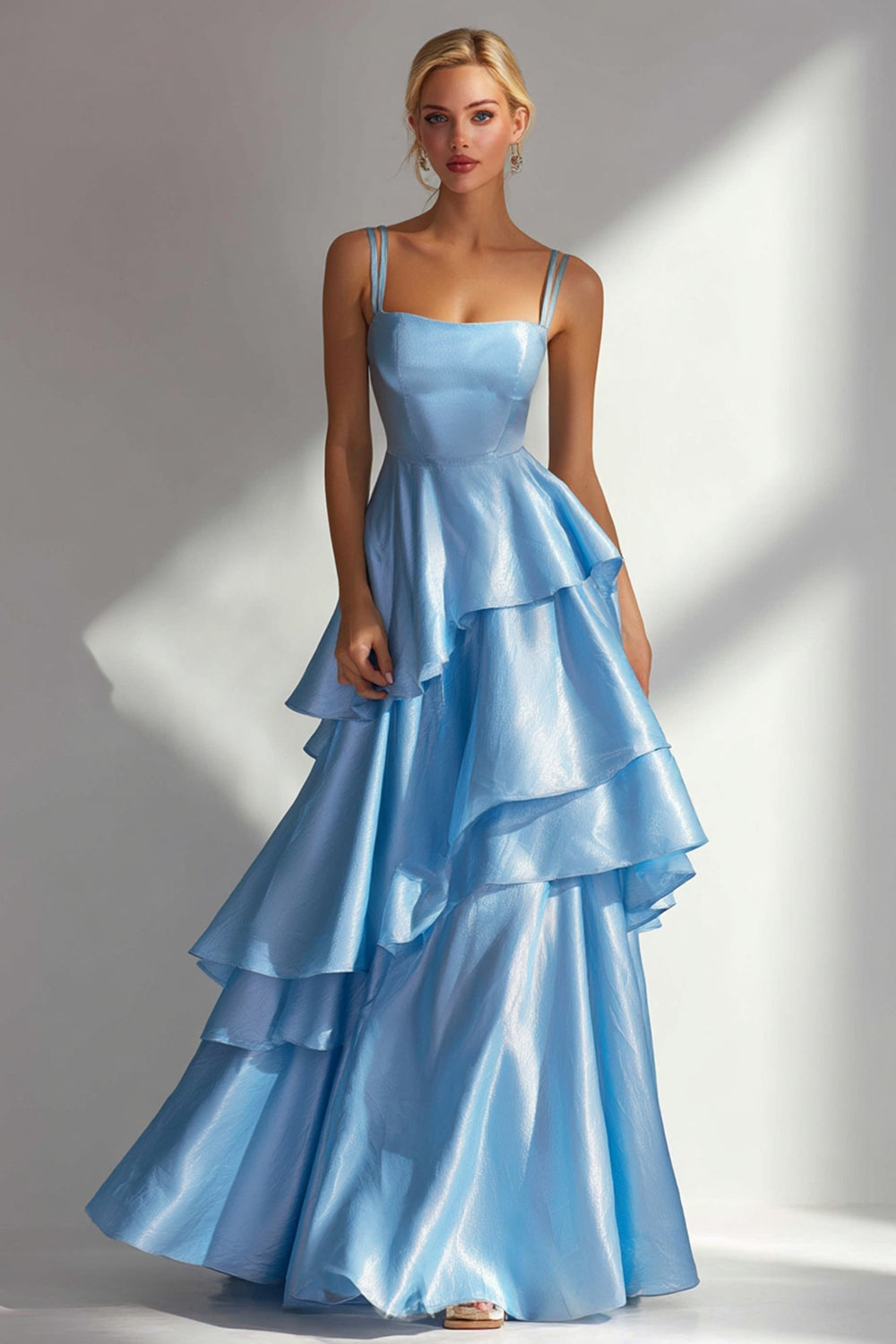 Light Blue A Line Square Neck Ruffled Long Wedding Guest Dress