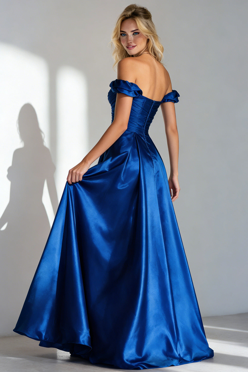 Royal Blue A Line Off the Shoulder Long Wedding Guest Dress with Ruffles