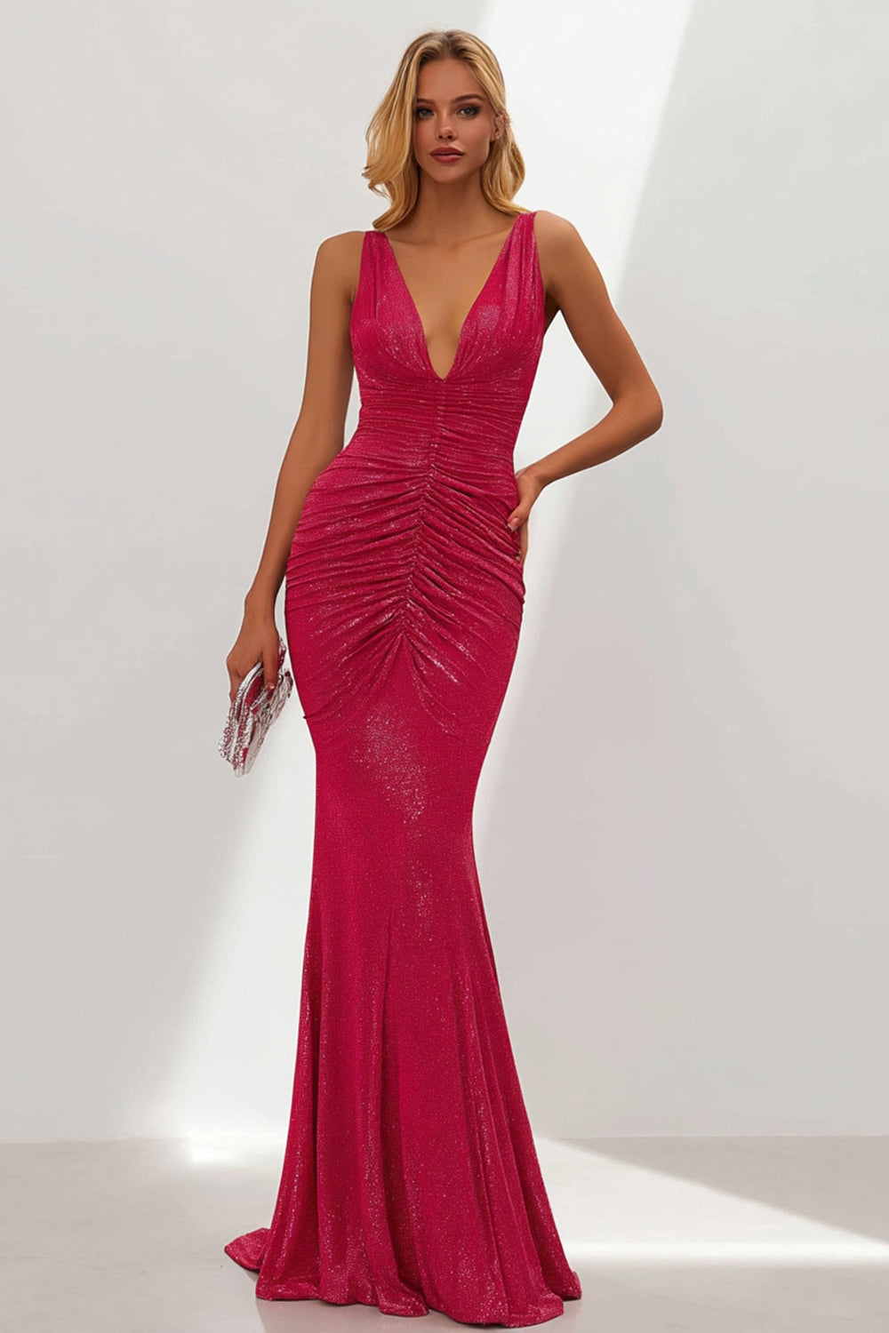 Sparkly Fuchsia V Neck Mermaid Ruched Long Wedding Guest Dress