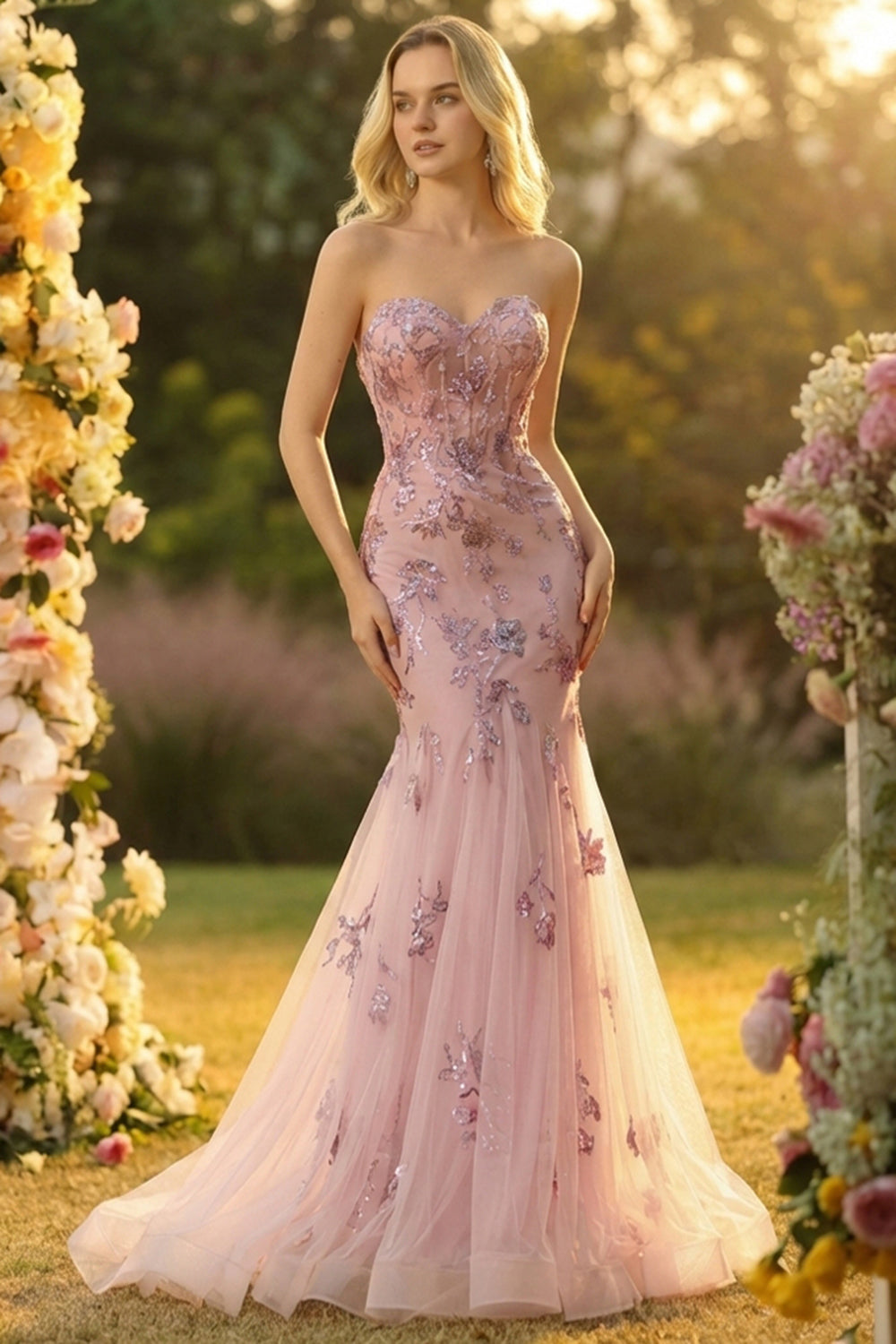 Floral Blush Sweetheart Mermaid Long Prom Dress with Cape