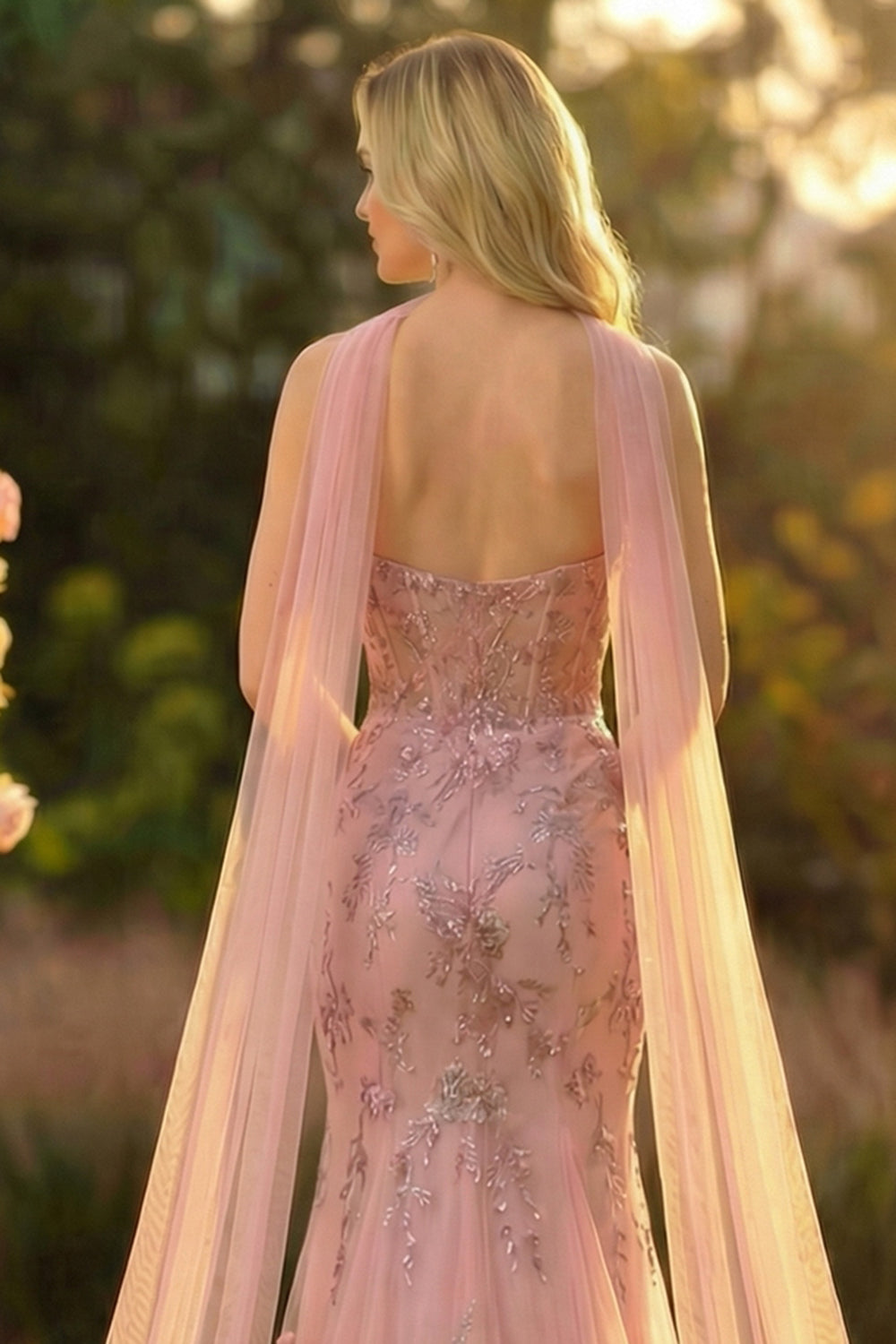 Floral Blush Sweetheart Mermaid Long Prom Dress with Cape
