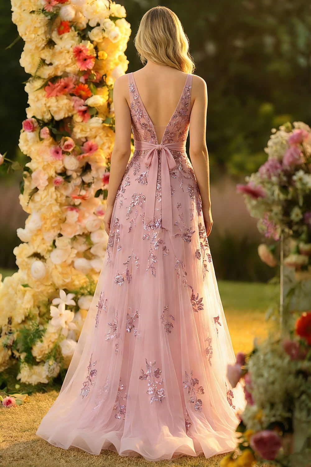 Sparkly Floral Blush Tulle V-Neck A Line Long Prom Dress with Bow