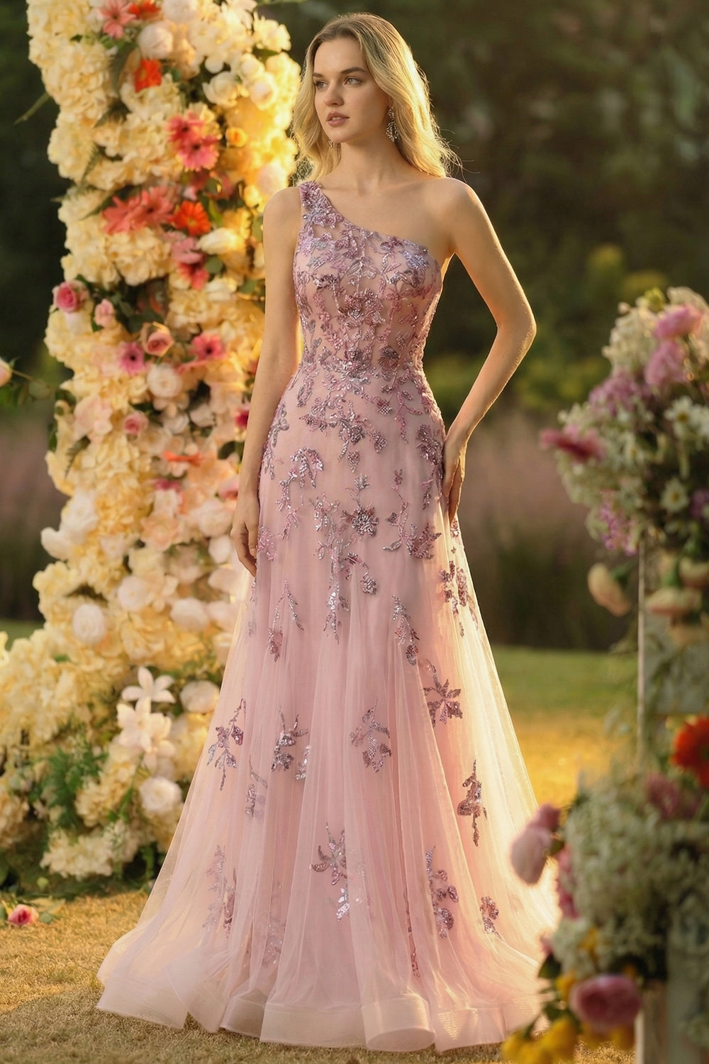 Sparkly Floral Blush Tulle One Shoulder Long Prom Dress with Appliques