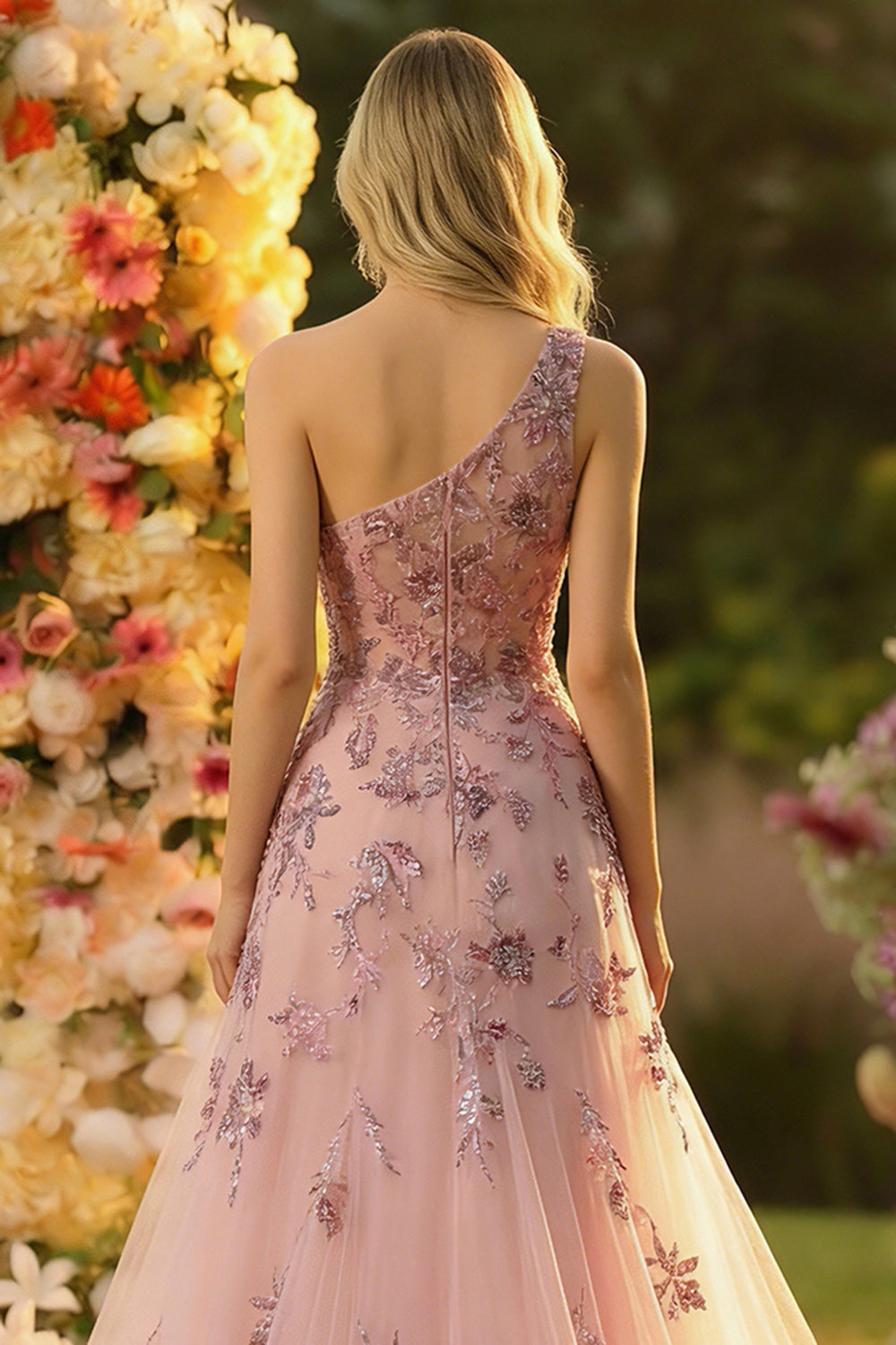 Sparkly Floral Blush Tulle One Shoulder Long Prom Dress with Appliques