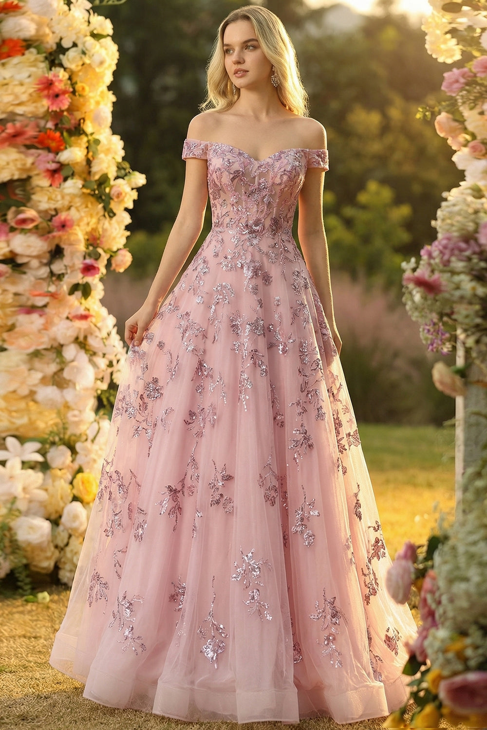Sparkly Floral Blush Tulle Off the Shoulder Long Corset Prom Dress